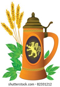Beer mug on a background of leaves of hop and ears of barley in a vector