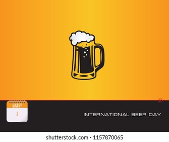 Beer mug on the postcard and International Beer Day. Vector illustration.