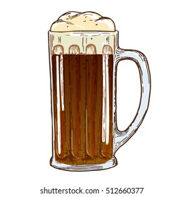 Beer mug on white background. Colorful sketch for decorations of pub or bar menu. Vector.