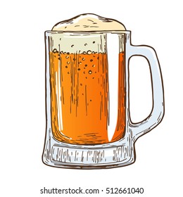 Beer mug on white background. Colorful sketch for decorations of pub or bar menu. Vector.