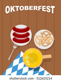 Beer mug on a wooden table and sausages in plate. Malt snack pretzel. Cloth with ornament of blue rhombuses. Oktoberfest. Ale Festival in Germany.of top view. Traditional food for holidays