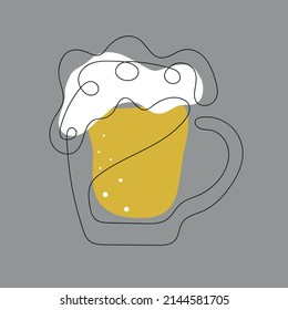 Beer mug one line art drawing. Foamy beer on grey background. Vector illustration