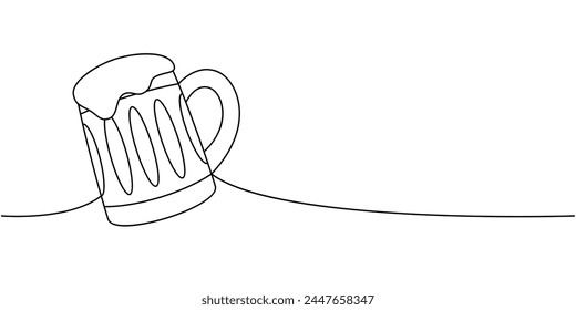 Beer mug one line continuous drawing. Beer pub products continuous one line illustration. Vector linear illustration.