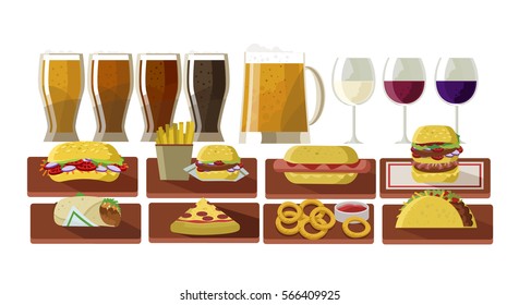 beer mug pints wine cup and fast food burger hot dog pizza shawarma taco and onion rings