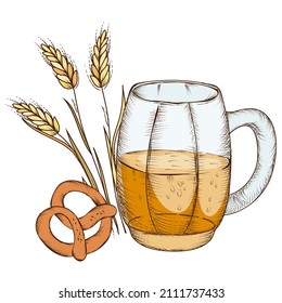 Beer mug with pretzel and barley ears, hand drawn engraved colored vector illustration isolated on white background. Beer mug sketch style.
