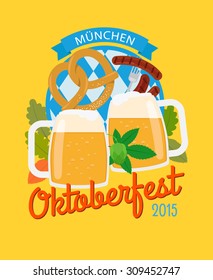 Beer mug and pretzel, hops and sausage. Oktoberfest poster in flat style