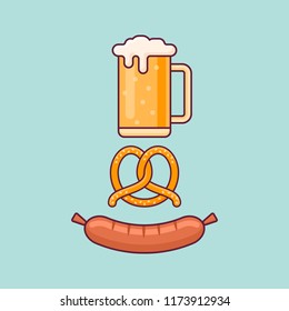 Beer mug, pretzel and sausage isolated on background. Oktoberfest flat style concept.