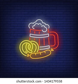 Beer mug, pretzel and sausage neon sign. Bar, pub, party design. Night bright neon sign, colorful billboard, light banner. Vector illustration in neon style.