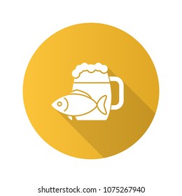 Beer mug with salty fish flat design long shadow glyph icon. Ale. Vector silhouette illustration