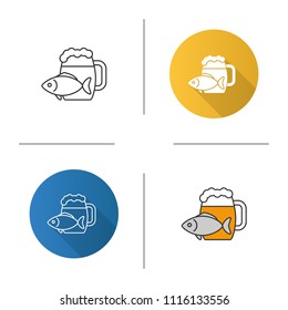 Beer mug with salty fish icon. Ale. Flat design, linear and color styles. Isolated vector illustrations