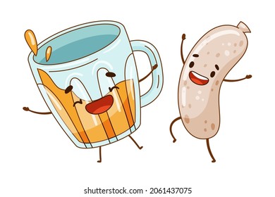 Beer mug and sausage characters holding by hands. Perfect couple, friends forever cartoon vector illustration