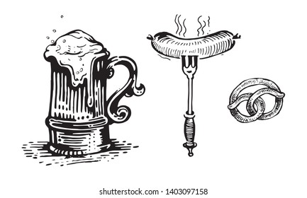 Beer, beer mug, sausage, fork, bagel. Natural products and healthy lifestyle, delicious products, a set of templates for menu design, restaurants and catering. Hand-drawn images, black and white