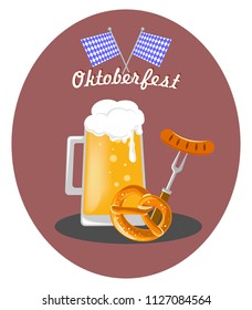 a beer mug, a sausage on a fork with a bretzel and Bavarian flags to the Oktoberfest
