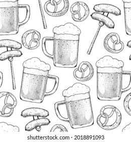 Beer mug, sausages and pretzels seamless pattern. Hand drawn sketch. Vector illustration. Food and drink background. Vintage design template