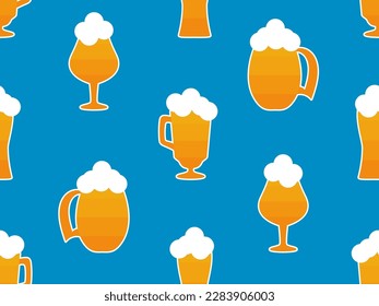 Beer mug seamless pattern. Beer with foam in glasses of various shapes. Stem glass goblets and beer mugs. Design for posters, banners and promotional items. Vector illustration