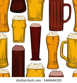 Beer mug seamless pattern. Full beer glasses with foam backdrop. Engraving style. Alcoholic beverage design. Hand drawn vector illustration on white background