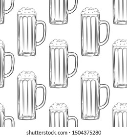 Beer mug seamless pattern. Full beer glasses with foam backdrop. Alcoholic beverage design. Engraving style. Design for fabric, textile print, wrapping paper. Vector illustration
