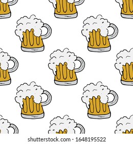 Beer Mug Seamless Pattern, Hand Drawn doodle background. Vector illustration.