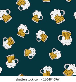 Beer Mug Seamless Pattern, Hand Drawn doodle background. Vector illustration.