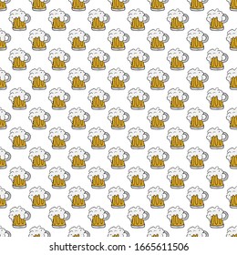 Beer Mug Seamless Pattern, Hand Drawn doodle background. Vector illustration.