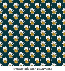 Beer Mug Seamless Pattern, Hand Drawn doodle background. Vector illustration.