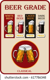 Beer mug set. Retro style poster for  Beer with tankards with good heads. Vector illustration.