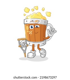 the beer mug sick with limping stick. cartoon mascot vector