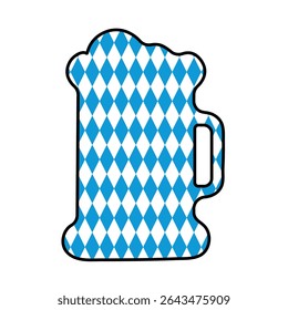 Silhueta de caneca de cerveja com padrão de bandeira bávaro completo. Símbolo tradicional da Oktoberfest sobre fundo branco.