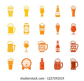 Beer Mug silhouette icons set. Isolated web sign kit of tall glass. Pub Bar pictogram collection includes froth, brew, pilsner. Simple beer bottle color contour symbol. Vector Icon shape for stamp