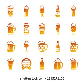 Beer mug silhouette icons set. Isolated on white web sign kit of tall glass. Pub pictograms of vintage, lager bottle, glassware. Bar ware gradient simple contour symbol. Beer pint vector icon shape