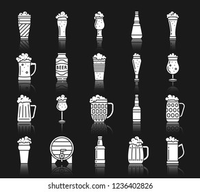 Beer mug silhouette icons set. Isolated web sign kit of tall glass. Pub pictogram collection includes ale, drink can, foam bubbles. Simple bar ware contour symbol with reflection. White vector icon