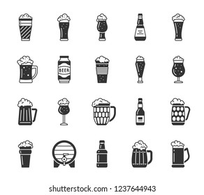 Beer Mug silhouette icons set. Sign kit of tall glass. Pub pictogram collection includes vintage, lager bottle, glassware. Simple pint black symbol isolated on white. Bar alcohol ware vector icon