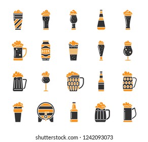 Beer Mug silhouette icons set. Isolated on white web sign kit of tall glass. Pub Bar pictogram collection includes stein, pilsner, brewery. Simple beer mug contour symbol. Vector Icon shape for stamp