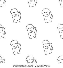 Beer mug silhouette seamless pattern outline for design, website. Alcohol elements on white background, banner template. Texture decoration, beer glasses retro poster. linear vector illustration