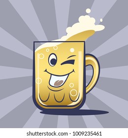 beer mug with a smiley and pouring beer on a gray background with divergent rays