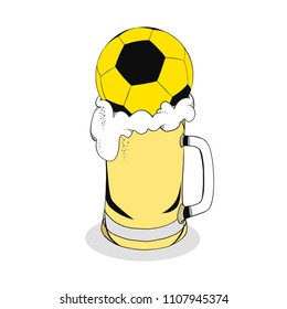 Beer mug with soccer ball. Vector hand drawn illustration.