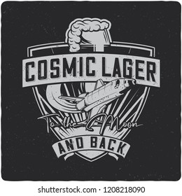 Beer mug and spaceship t-shirt or poster design with text composition. Monochrome version on dark background.