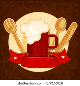 Beer mug with spoon, fork and plate. Emblem for brasserie