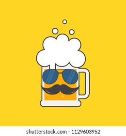 Beer mug with sunglasses and a mustache. Oktoberfest beer festival hipster poster design. Symbol Template Logo. Vector illustration flat design. Isolated.
