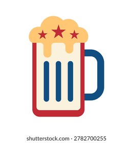 A beer mug with a thick foamy top and three stars is shown in red, white, and blue colors on a light gray background. The glass has a handle and vertical stripe details.