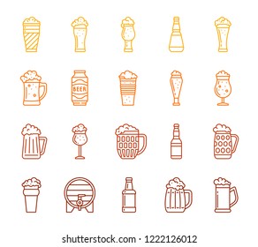Beer Mug thin line icons set. Outline sign tall glass kit. Pub Bar linear icon collection foam, bottle, glassware. Simple beer mug gradient color contour symbol isolated on white vector Illustration