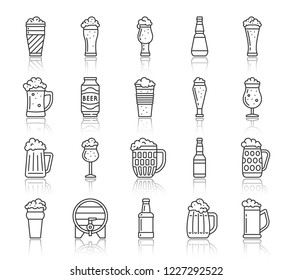 Beer Mug thin line icons set. Outline sign kit of tall glass. Pub Bar linear icon collection includes stein pilsner brewery. Simple beer bottle black contour symbol with reflection vector Illustration