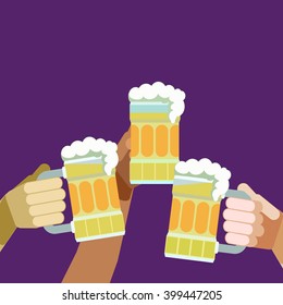 Beer mug toast. 3 Arms and 3 beer mugs, glasses raised in a toast.