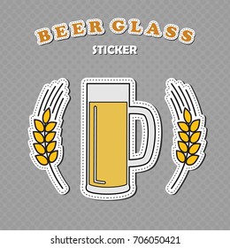 Beer mug with two wheat spikes stickers, beer logo, vector illustration
