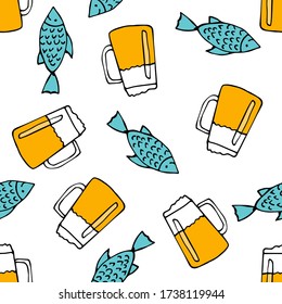 Beer mug vector cartoon with fish on white background. Seamless pattern. Hand-drawn doodle of beer. Pattern for bars, pubs