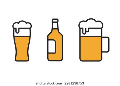 Beer mug vector icon set. Beer bottle symbol. Colorful beer illustration