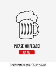 beer mug vector icon w. funny buy me text, drinking glass with fresh foam, sketchy alcohol beverage sign isolated on white background, new stylized drawing of foamy pint, frothy keg pictogram graphics