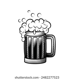 Beer mug. Vector illustration in engraving technique of a glass full of beer with splashy foam.