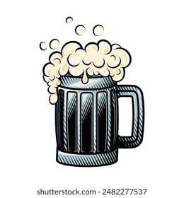 Beer mug. Vector illustration in engraving technique of a glass full of beer with splashy foam.