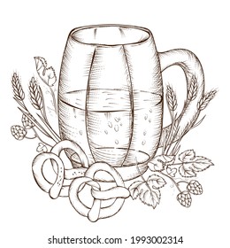 Beer mug in vintage engraving style with pretzels and hops, barley ears, hand drawn vector illustration isolated on white background. Beer emblem, logo or packaging.